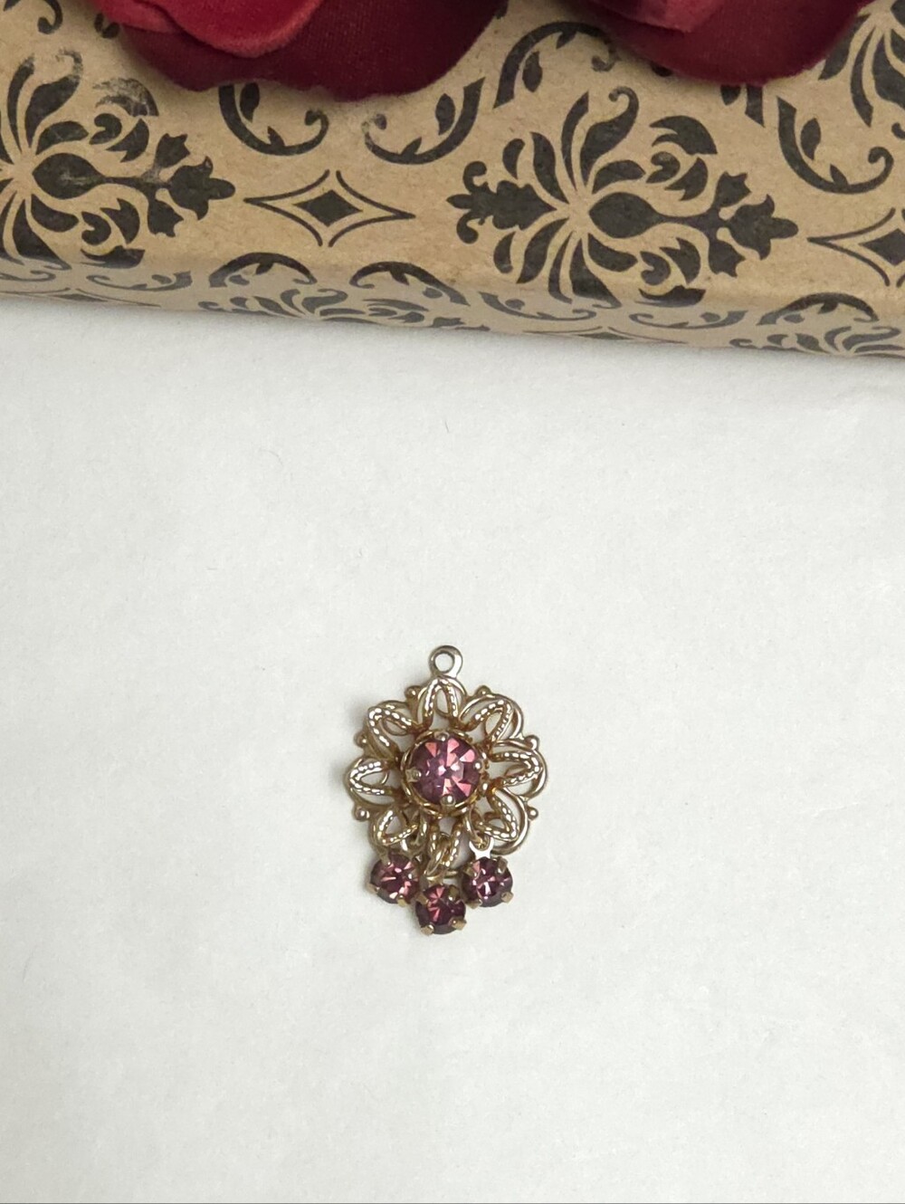 Vintage Gold Plate Purple Crystal Flower Dangle Pendant